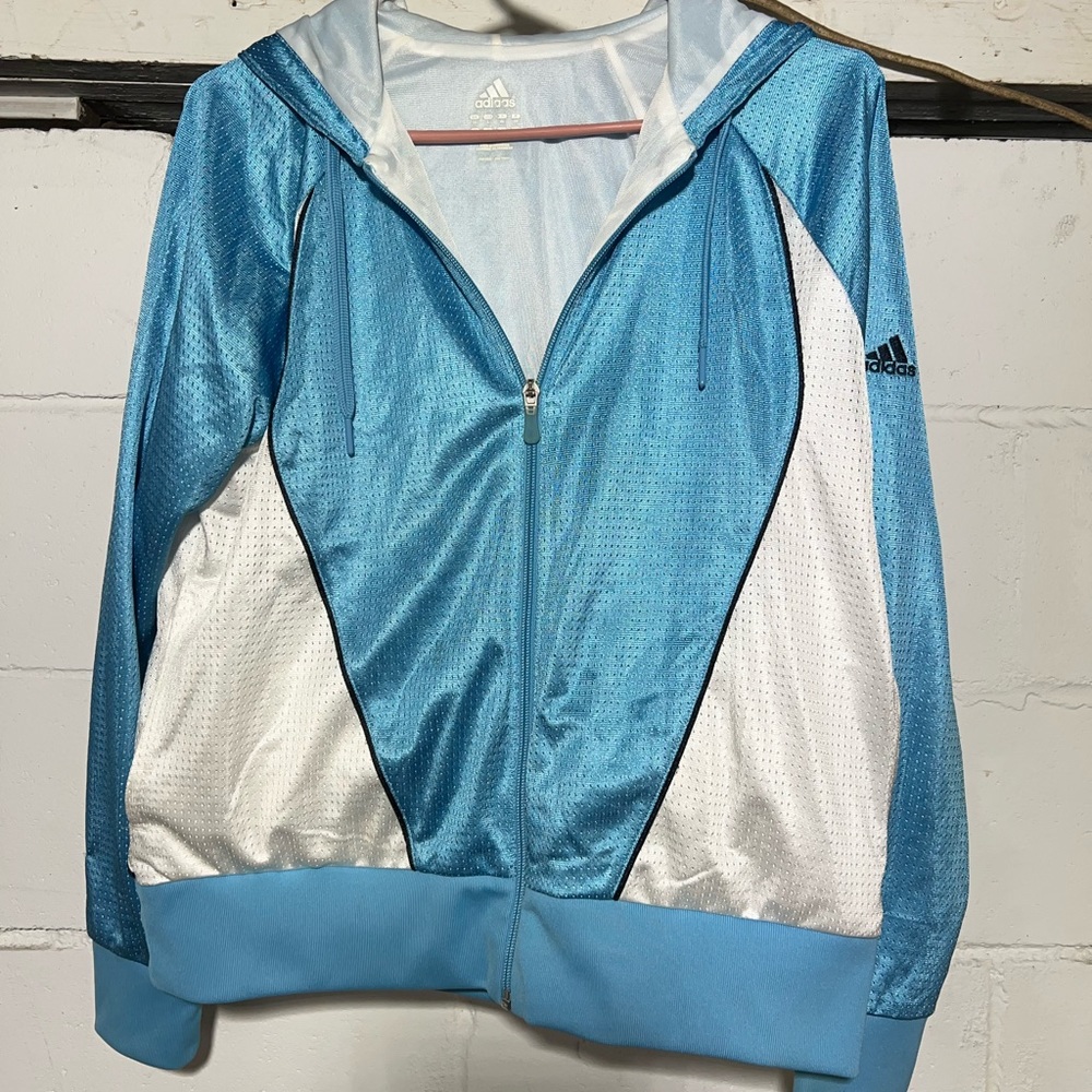 Adidas light blue women’s large zip up track jacket